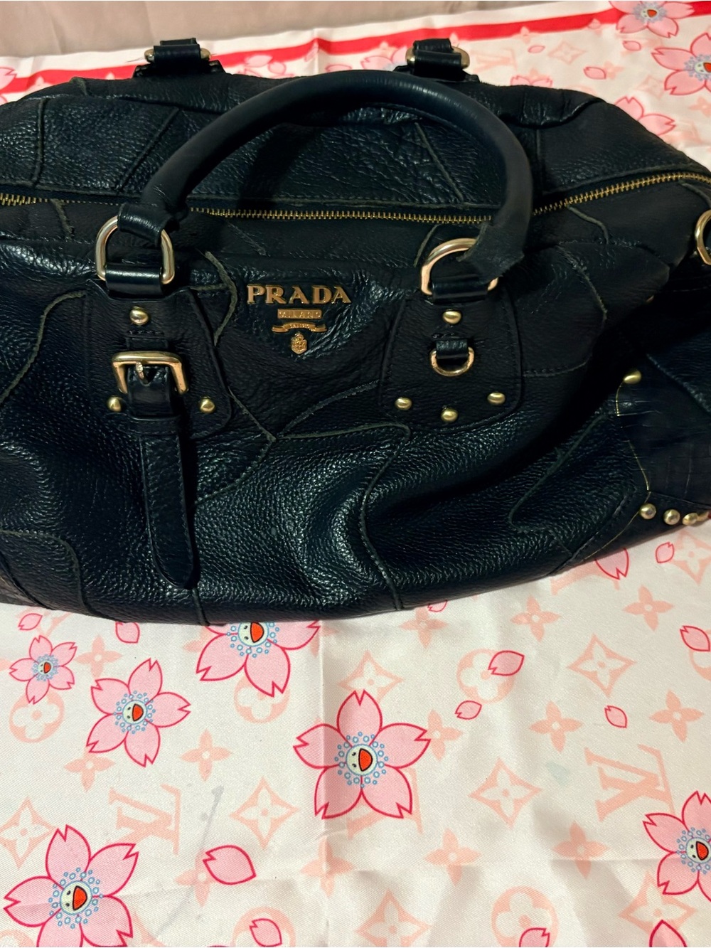 Prada Black Leather Shoulder Bag with Gold Hardware